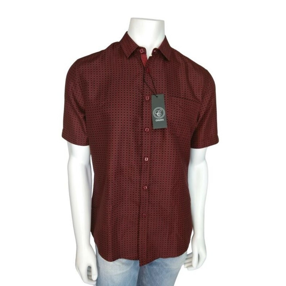 CHUXX Shirt Mens Size M Burgundy Black Short Sleeve Collared Button Up NWT